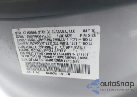 2010 Honda Odyssey z USA, uszkodzony, nr VIN 5SNRL3H79AV072089